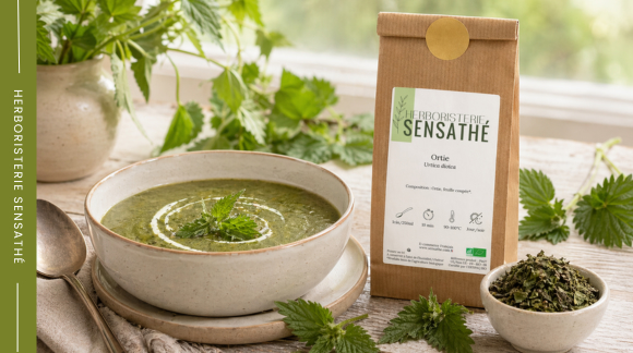 Soupe veloutée à l’ortie avec sachet Sensathé et bol de feuilles d’ortie séchées en vrac - Herboristerie Sensathé Soupe veloutée à l’ortie avec sachet Sensathé et bol de feuilles d’ortie séchées en vrac - Herboristerie Sensathé